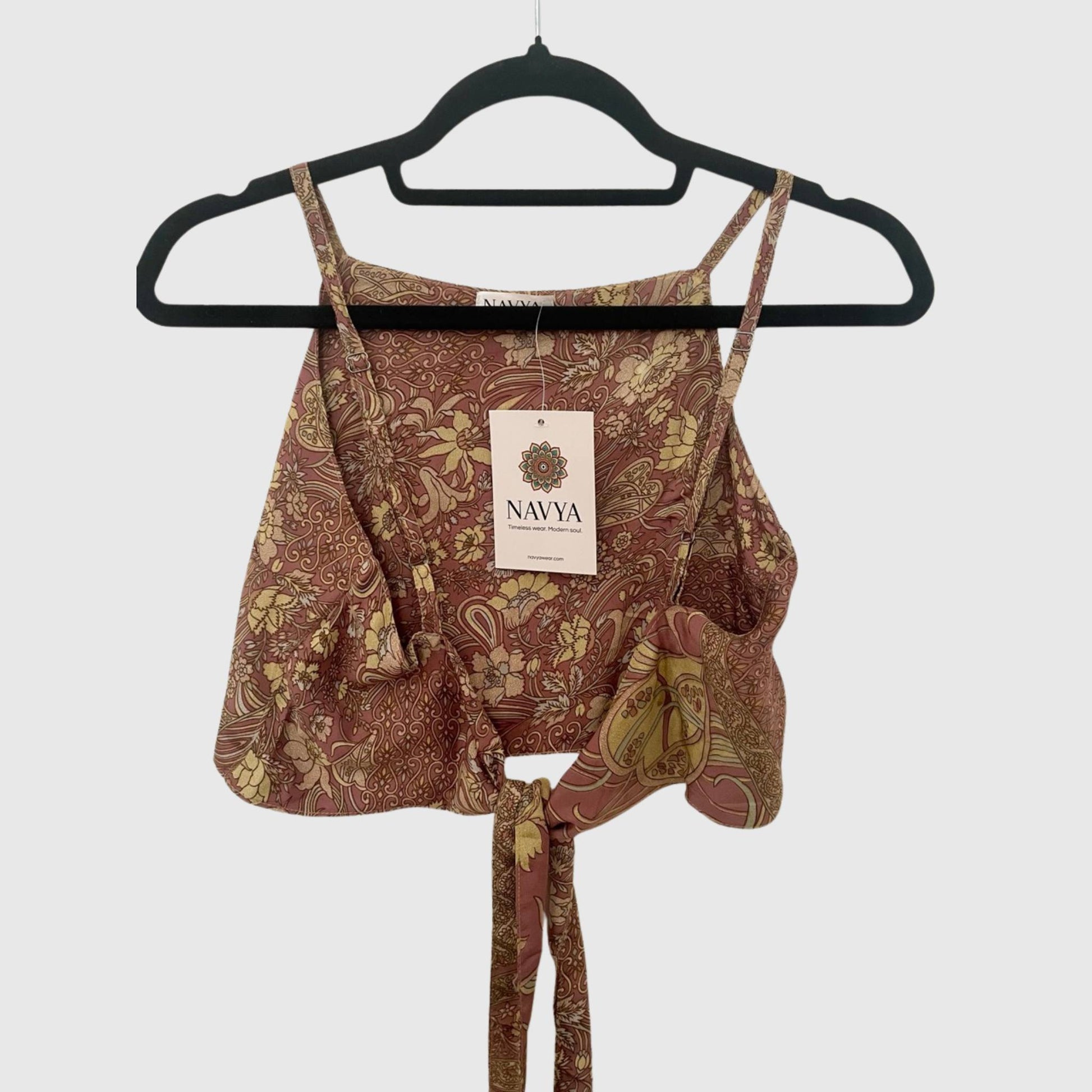 Upcycled Cropped Wickeltop #772 aus Vintage-Sari in Braun und Gelb – Rückansicht