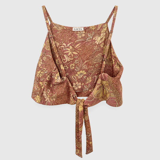 Upcycled Cropped Wickeltop #772 aus Vintage-Sari in Braun und Gelb – Rückansicht