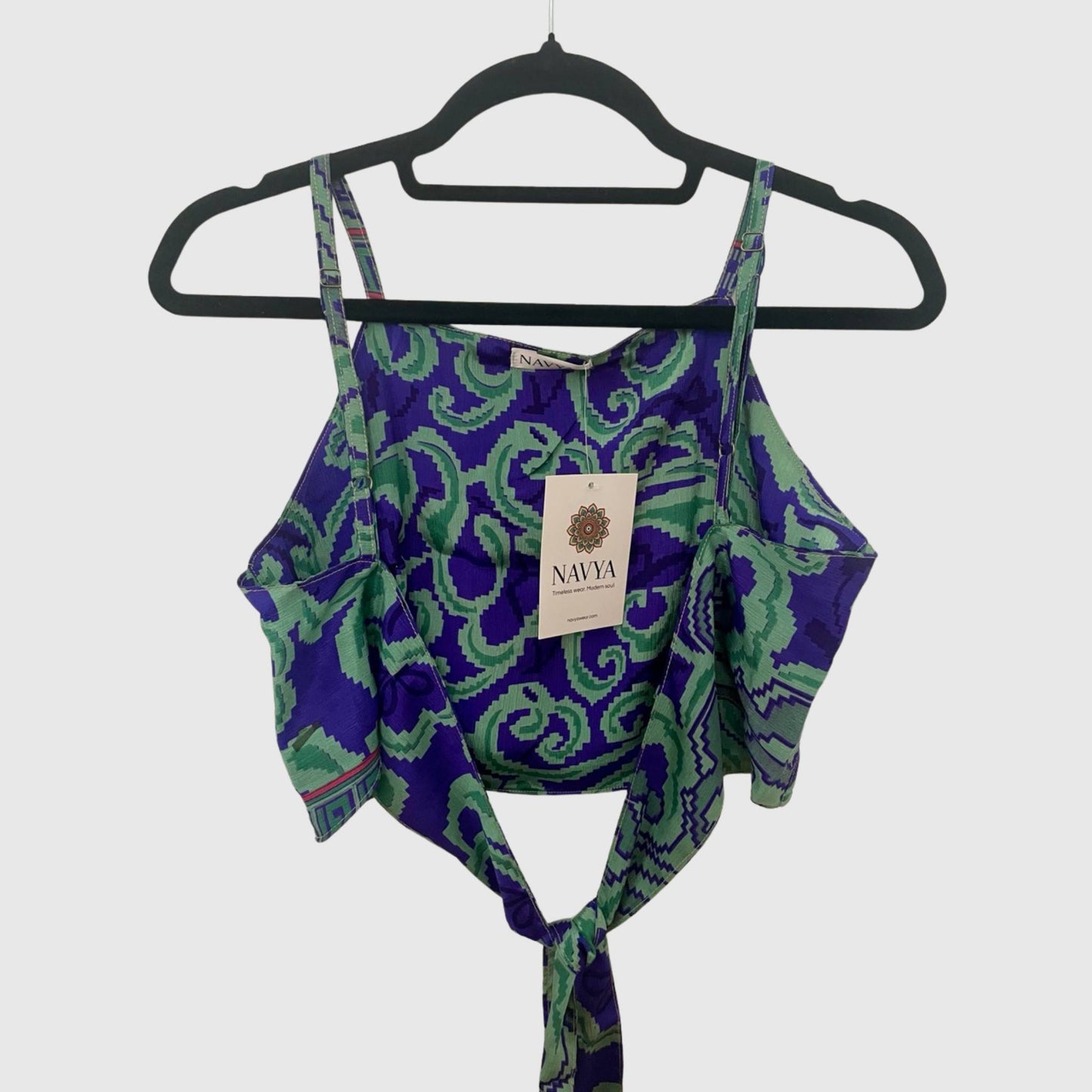 Upcycled Cropped Wickeltop #773 aus Vintage-Sari in Blau – Rückansicht