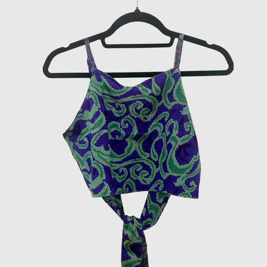 Upcycled Cropped Wickeltop #773 aus Vintage-Sari in Blau – Vorderansicht