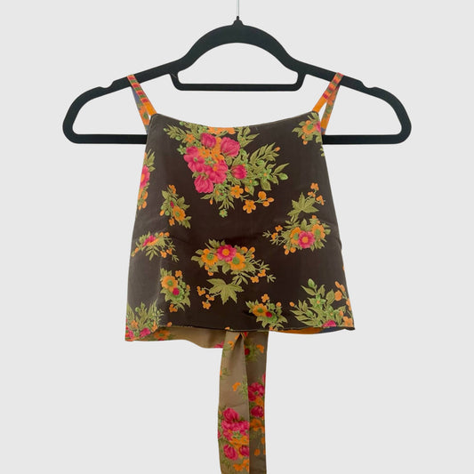 Upcycled Cropped Wickeltop #774 aus Vintage-Sari in Braun – Vorderansicht