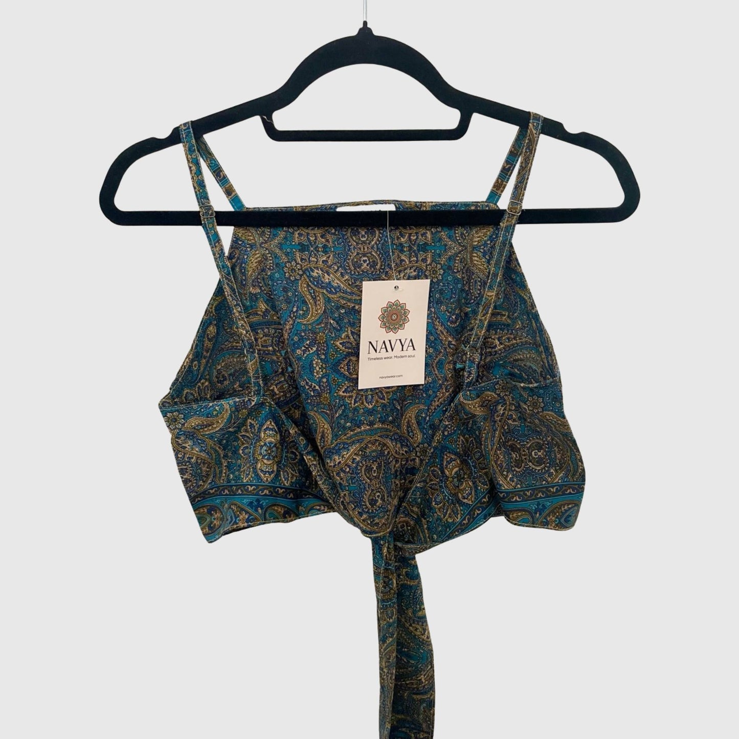Upcycled Cropped Wickeltop #775 aus Vintage-Sari in Blau – Rückansicht