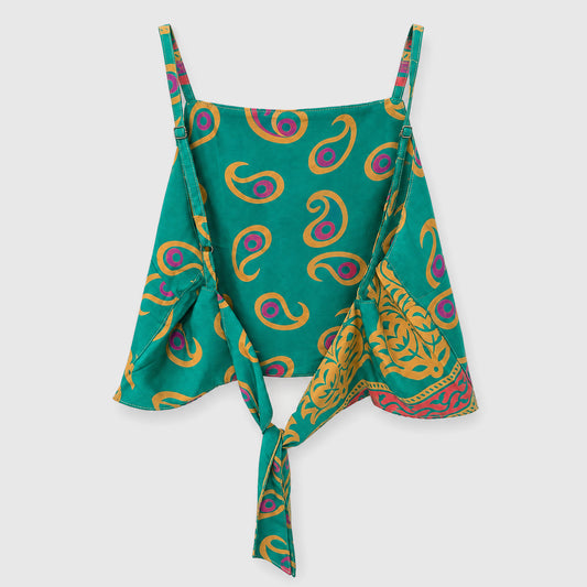 Upcycled Cropped Wickeltop #777 aus Vintage-Sari in Grün – Rückansicht