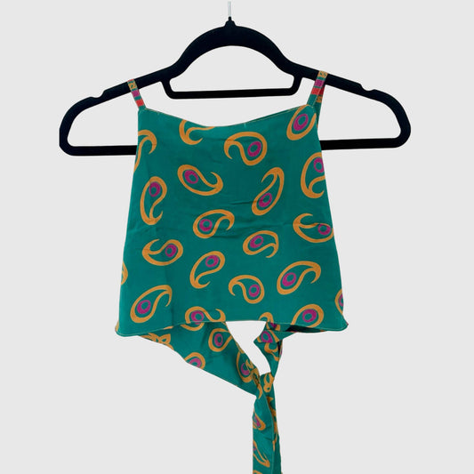 Upcycled Cropped Wickeltop #777 aus Vintage-Sari in Grün – Vorderansicht