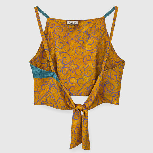 Upcycled Cropped Wickeltop #778 aus Vintage-Sari in Gold & Braun – Rückansicht