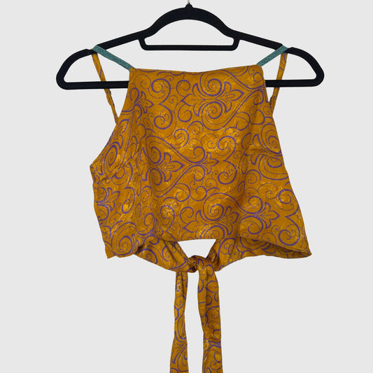 Upcycled Cropped Wickeltop #778 aus Vintage-Sari in Gold & Braun – Vorderansicht