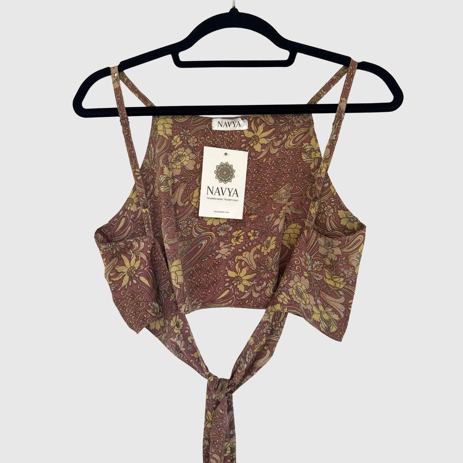 Upcycled Cropped Wickeltop #779 aus Vintage-Sari in Braun – Rückansicht