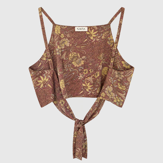 Upcycled Cropped Wickeltop #779 aus Vintage-Sari in Braun – Rückansicht