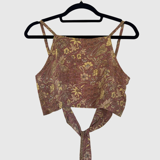 Upcycled Cropped Wickeltop #779 aus Vintage-Sari in Braun – Vorderansicht