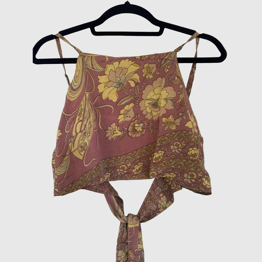 Upcycled Cropped Wickeltop #782 aus Vintage-Sari in Weiß & Braun – Vorderansicht