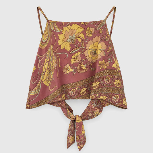 Upcycled Cropped Wickeltop #782 aus Vintage-Sari in Weiß & Braun – Vorderansicht