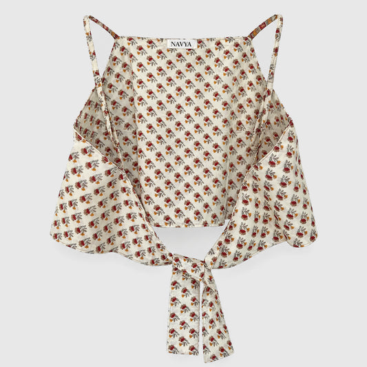 Upcycled Cropped Wickeltop #783 aus Vintage-Sari in Weiß – Rückansicht