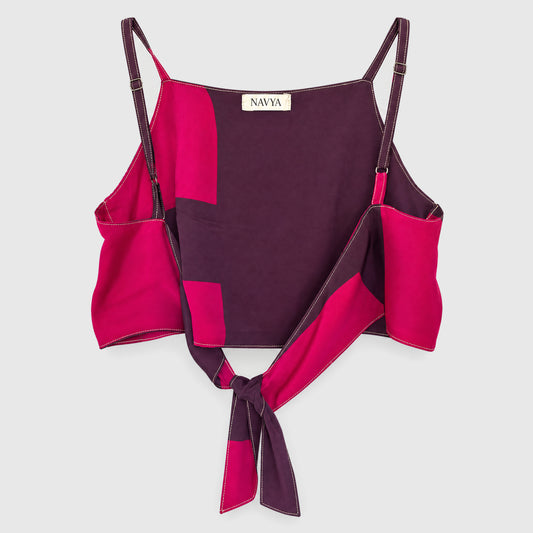 Upcycled Cropped Wickeltop #784 aus Vintage-Sari in Weiß & Pink – Rückansicht