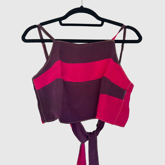Upcycled Cropped Wickeltop #784 aus Vintage-Sari in Weiß & Pink – Vorderansicht