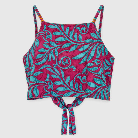 Upcycled Cropped Wickeltop #786 aus Vintage-Sari in Weiß & Dunkelrot – Vorderansicht