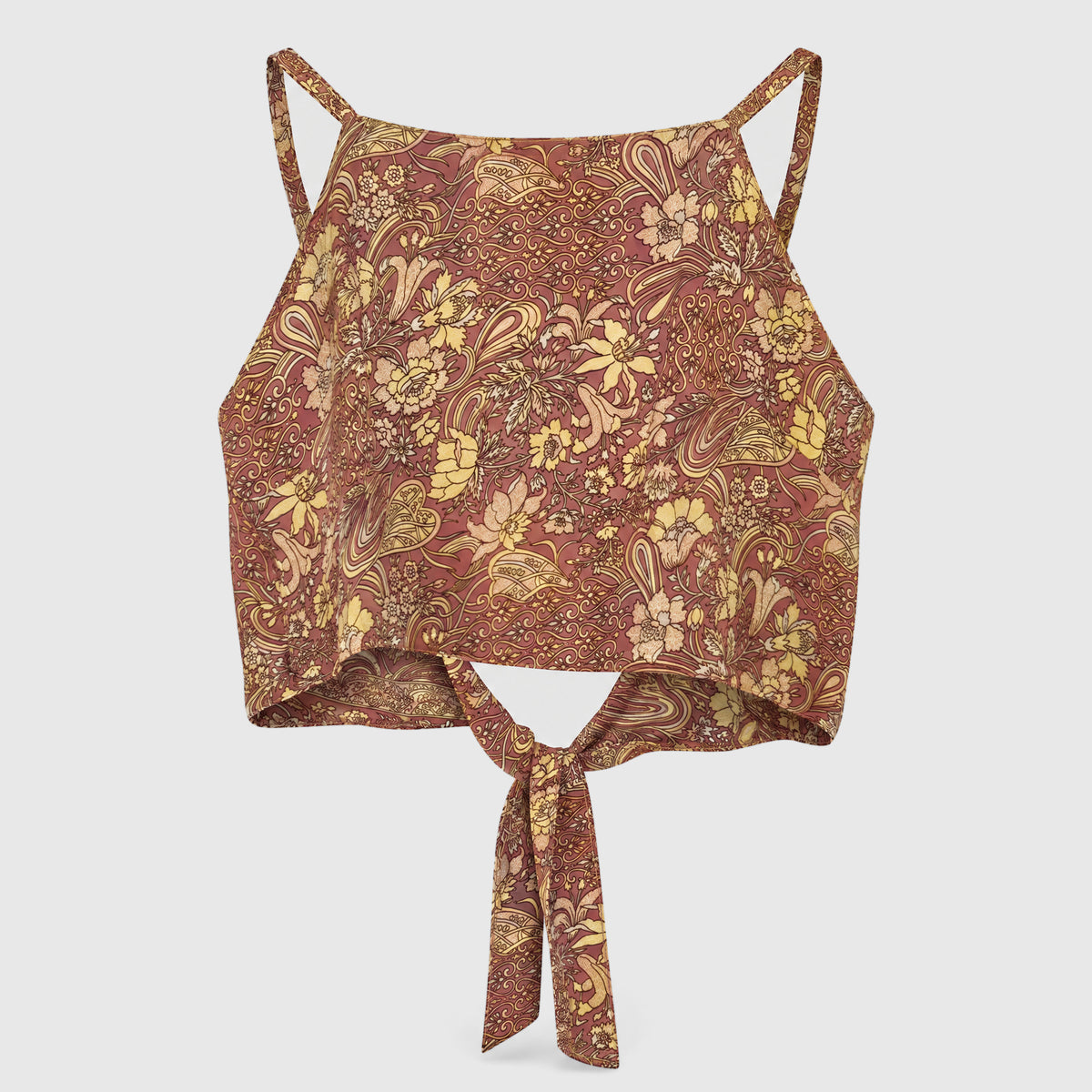 Upcycled Cropped Wickeltop #787 aus Vintage-Sari in Weiß & Braun – Vorderansicht