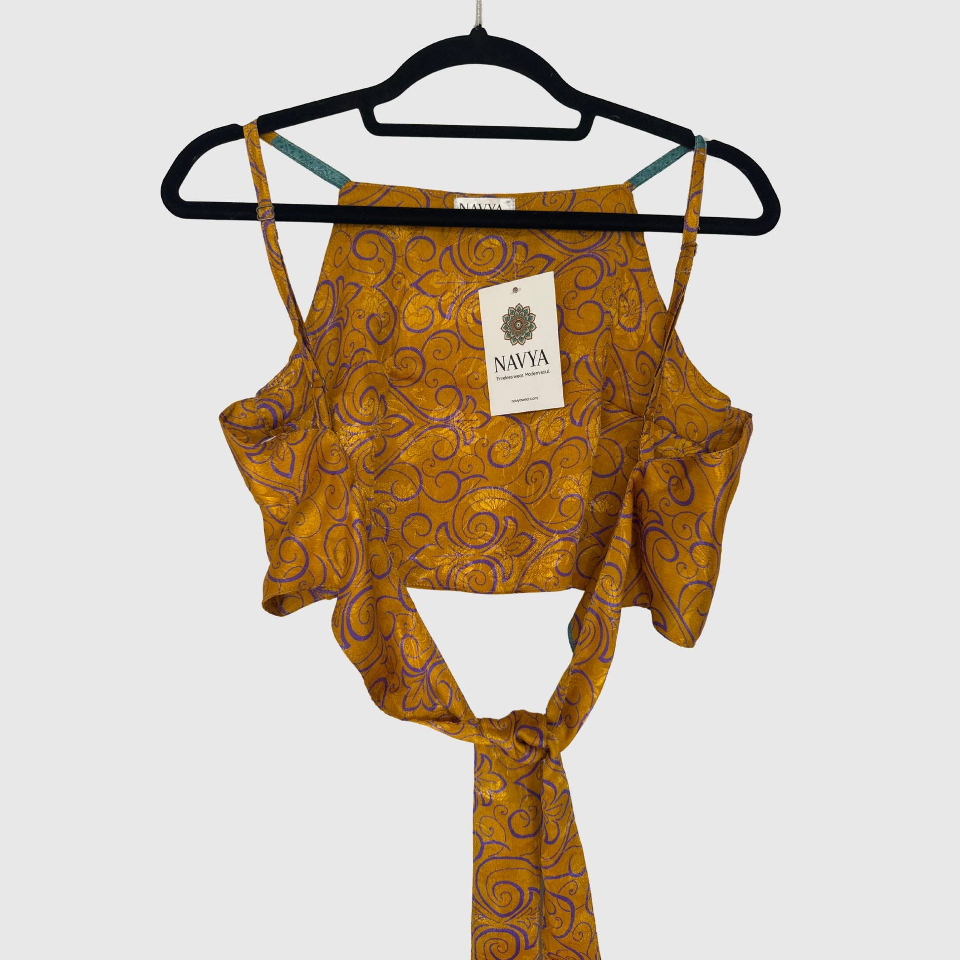 Upcycled Cropped Wickeltop #788 aus Vintage-Sari in Gold & Braun – Rückansicht