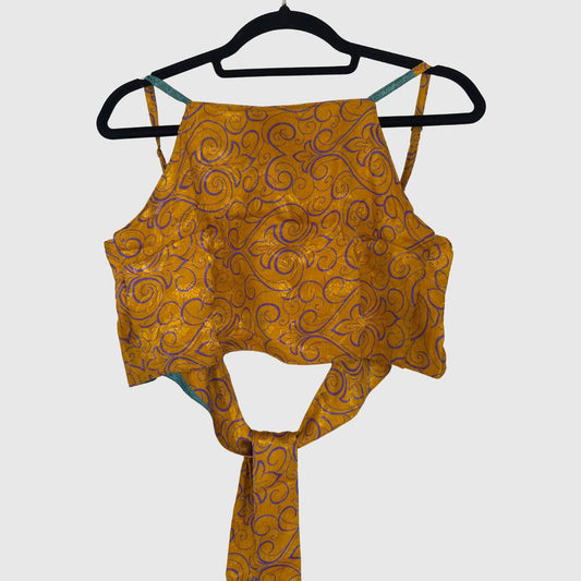 Upcycled Cropped Wickeltop #788 aus Vintage-Sari in Gold & Braun – Vorderansicht