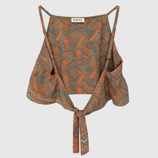 Upcycled Cropped Wickeltop #789 aus Vintage-Sari in Braun & Orange – Rückansicht