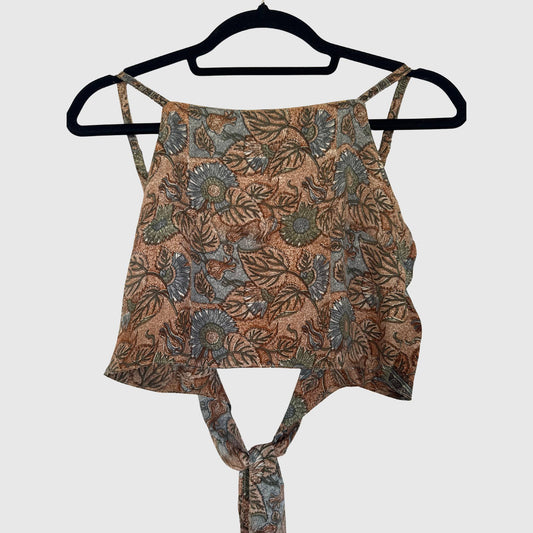 Upcycled Cropped Wickeltop #790 aus Vintage-Sari in Braun – Vorderansicht
