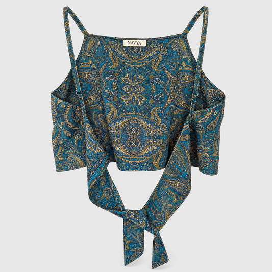 Upcycled Cropped Wickeltop #791 aus Vintage-Sari in Grün & Weiß – Rückansicht