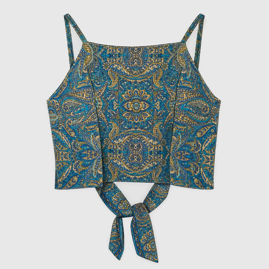 Upcycled Cropped Wickeltop #791 aus Vintage-Sari in Grün & Weiß – Vorderansicht