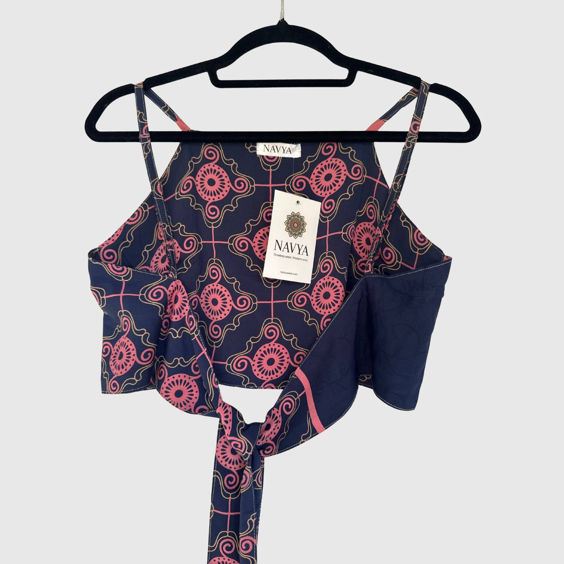 Upcycled Cropped Wickeltop #792 aus Vintage-Sari in Navy & Rosa – Rückansicht