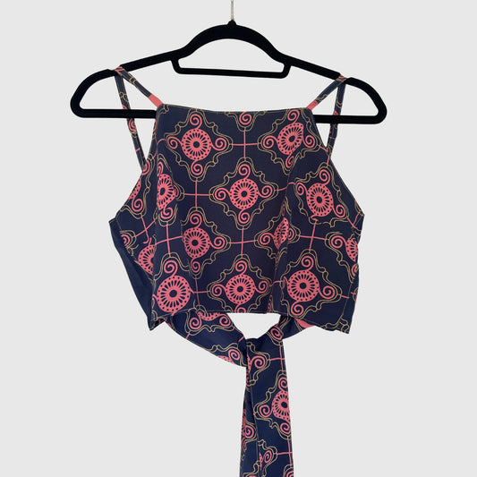 Upcycled Cropped Wickeltop #792 aus Vintage-Sari in Navy & Rosa – Vorderansicht