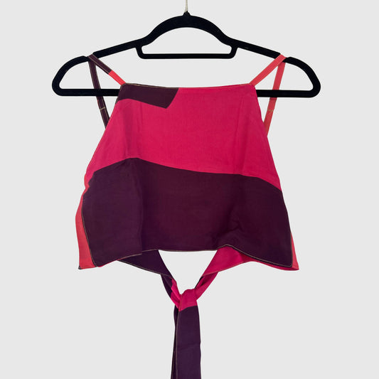 Upcycled Cropped Wickeltop #793 aus Vintage-Sari in Lila & Pink – Vorderansicht
