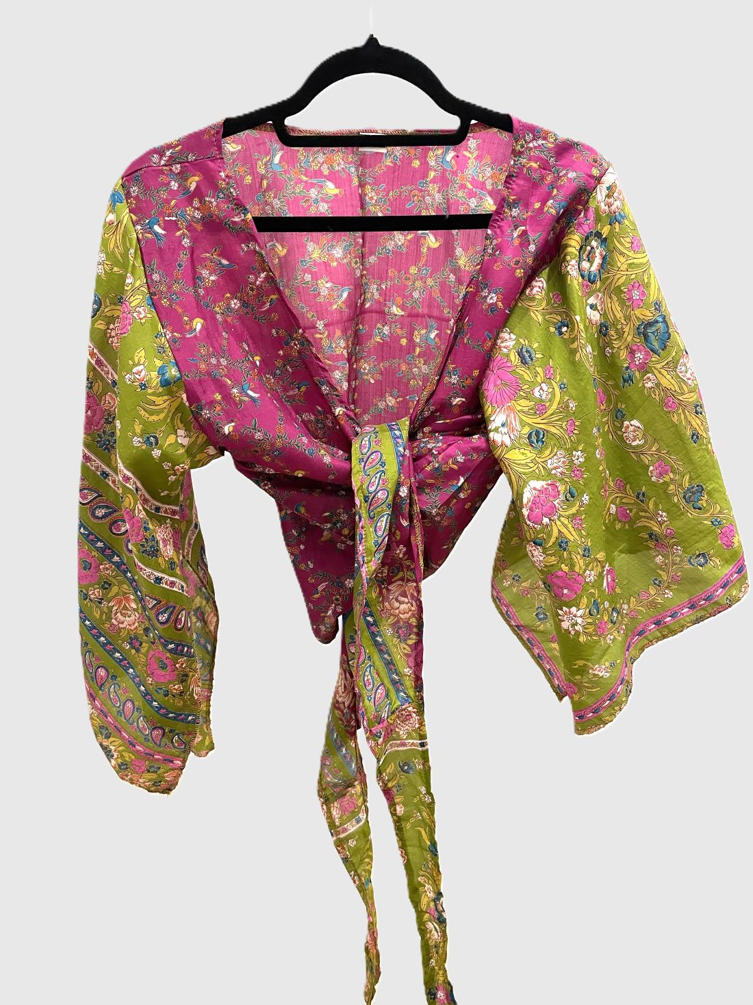 Upcycled Wickelbluse #599 -  Pink & Grün
