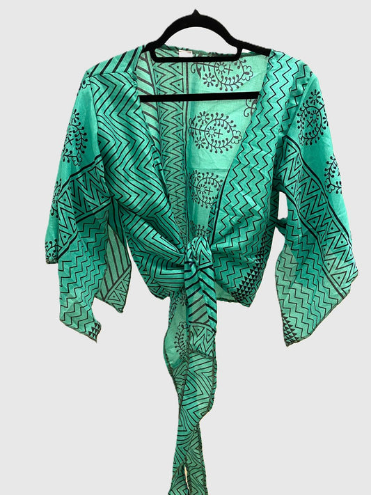 Upcycled Wickelbluse #610 - Türkis & Blau