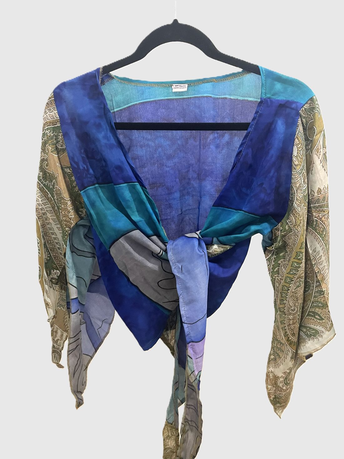 Upcycled Wickelbluse #619 - Blau, Braun & Grün