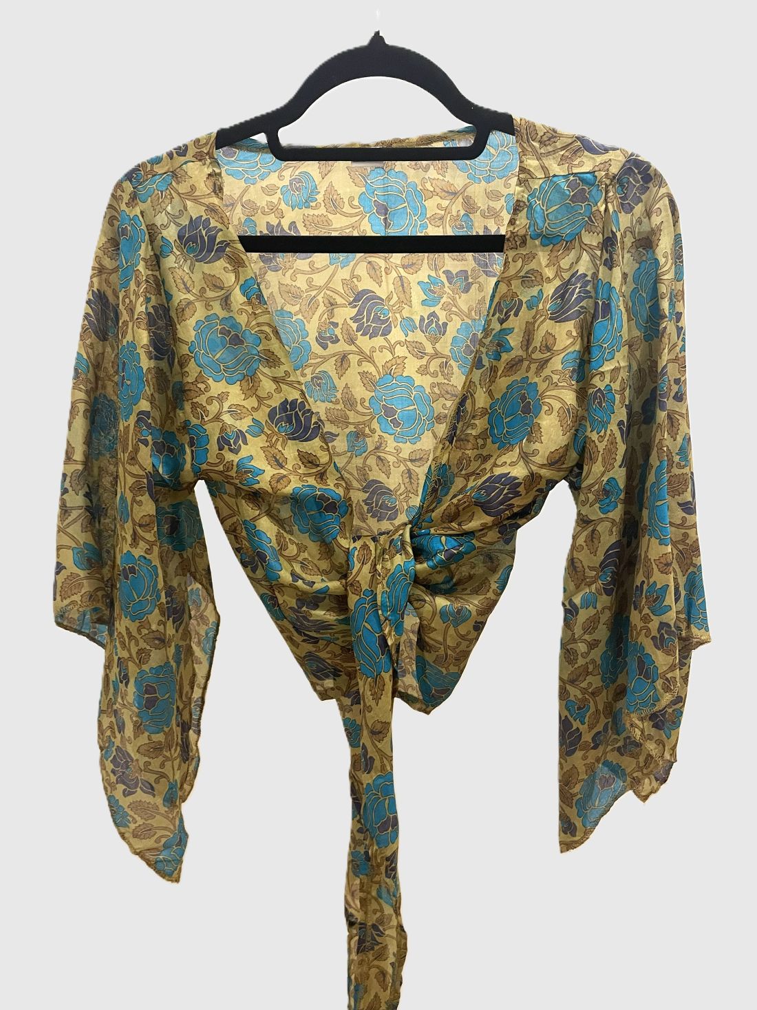 Upcycled Wickelbluse #622 - Braun & Blau