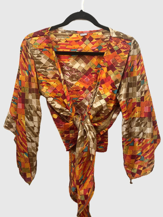 Upcycled Wickelbluse #627 - Orange & Braun