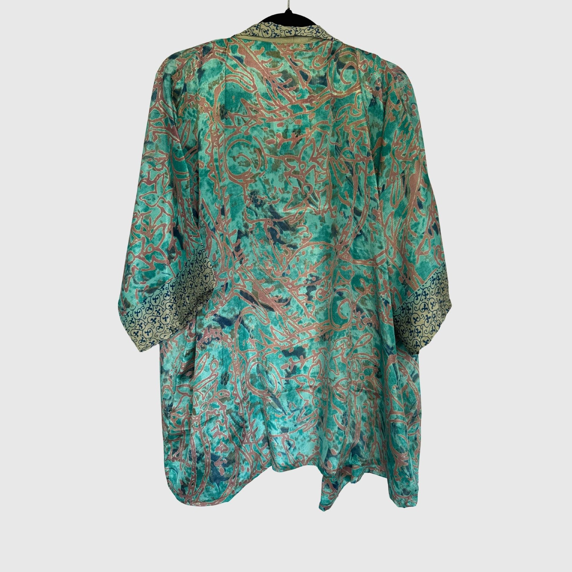 Upcycled Kimono #975 aus Vintage-Sari in Türkis & Grau – Rückansicht