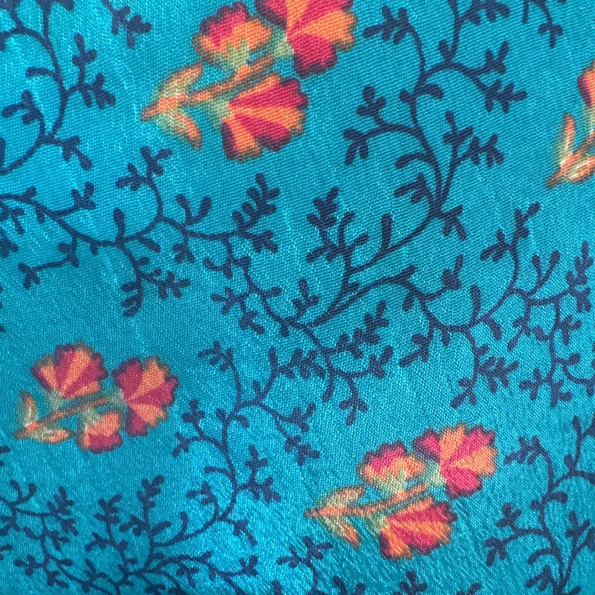 Upcycled Kimono #985 aus Vintage-Sari in Türkis – Detailansicht