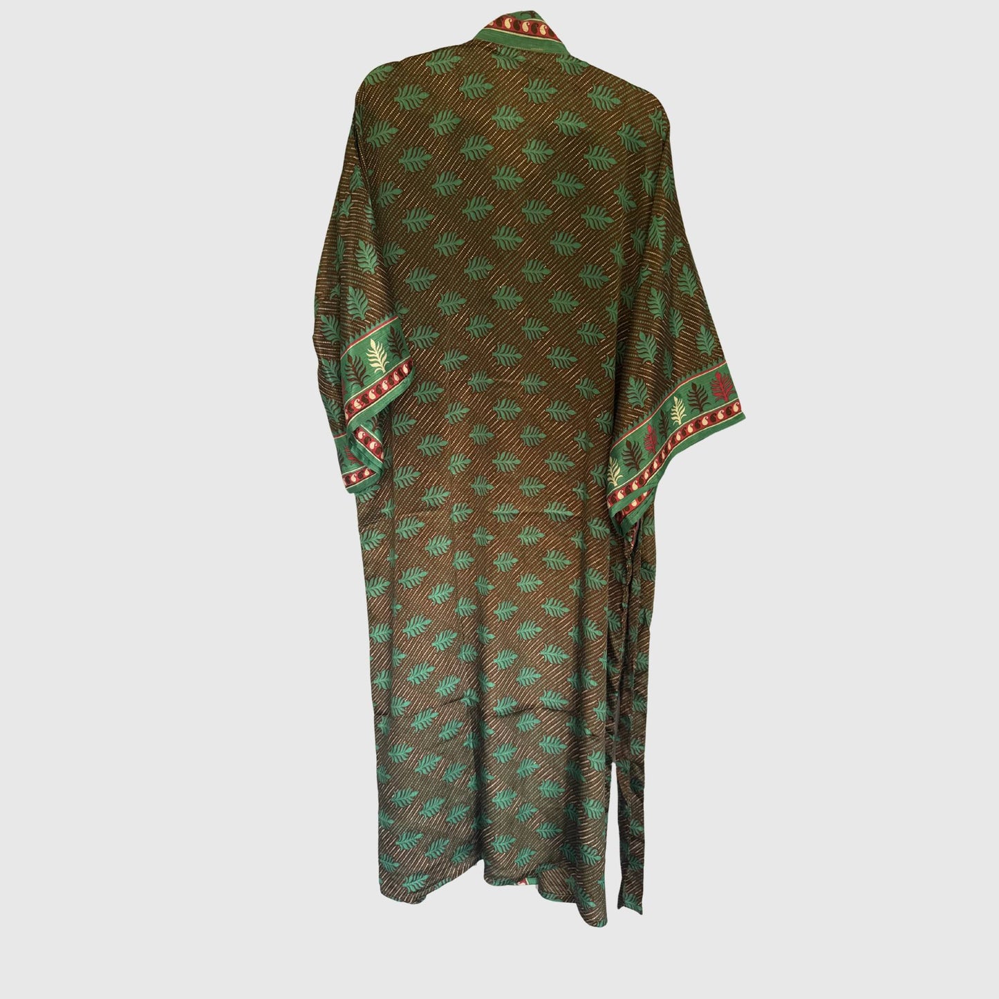 Upcycled Kimono Lang #1306 aus Vintage-Sari in Braun & Türkis – Rückansicht