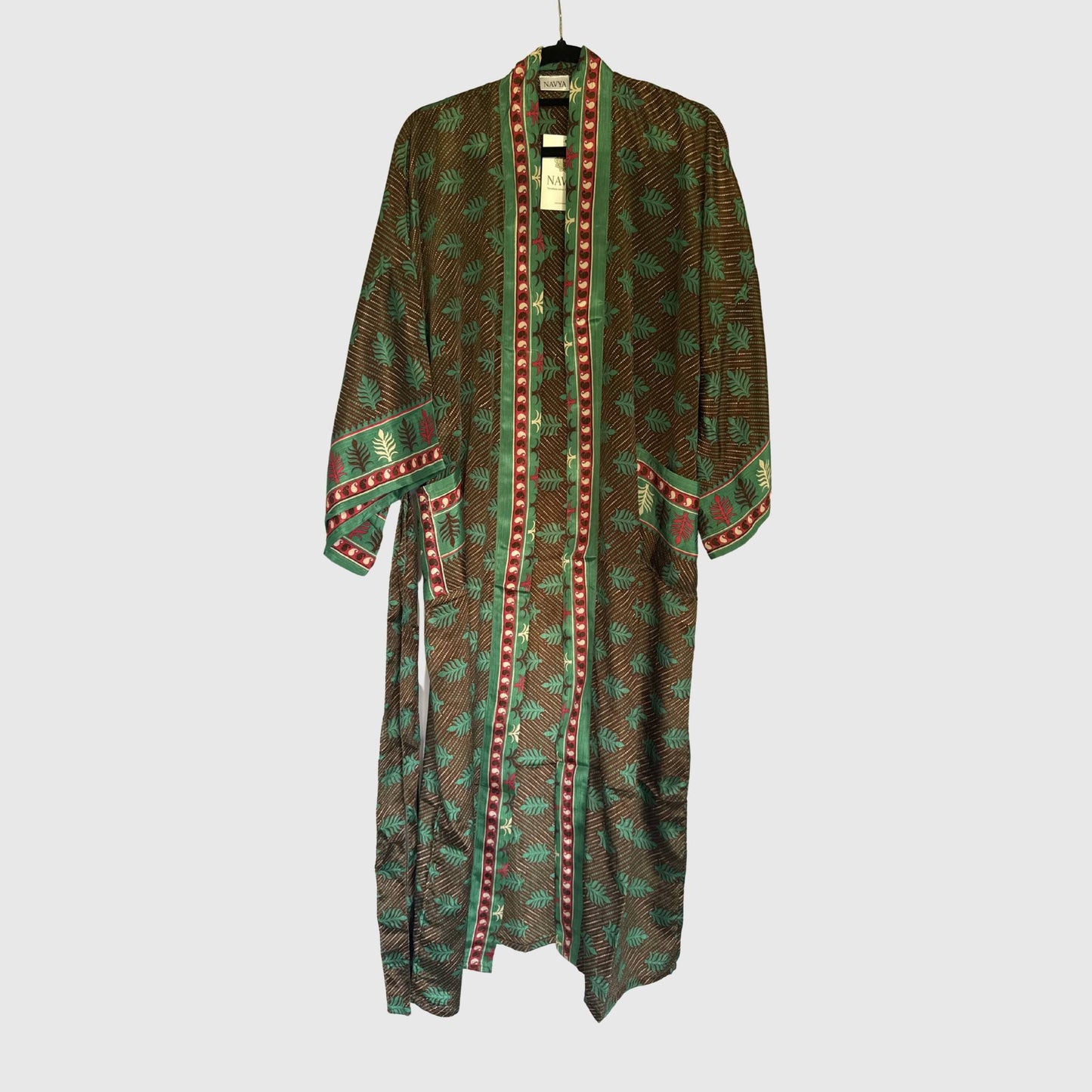 Upcycled Kimono Lang #1306 aus Vintage-Sari in Braun & Türkis – Vorderansicht