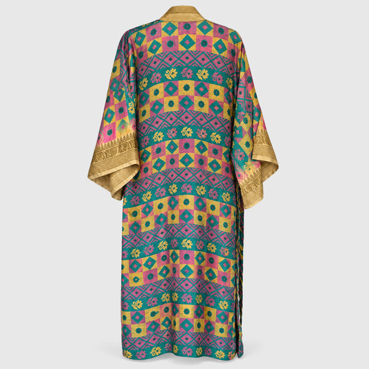 Upcycled Kimono Lang #1310 aus Vintage-Sari in Türkis & Pink – Rückansicht