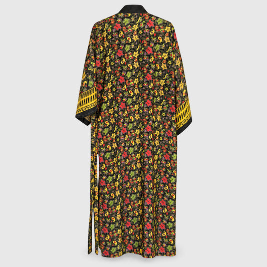 Upcycled Kimono Lang #1316 aus Vintage-Sari in Gold & Schwarz – Rückansicht