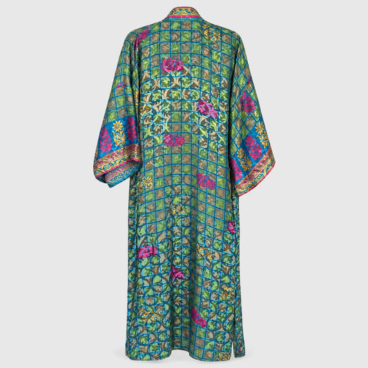 Upcycled Kimono Lang #1317 aus Vintage-Sari in Türkis – Rückansicht