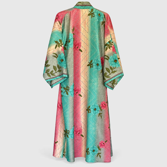 Upcycled Kimono Lang #1318 aus Vintage-Sari in Grün & Türkis – Rückansicht