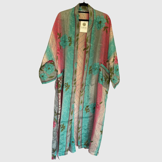 Upcycled Kimono Lang #1318 aus Vintage-Sari in Grün & Türkis – Vorderansicht