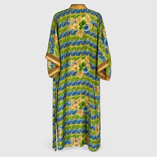 Upcycled Kimono Lang #1320 aus Vintage-Sari in Grün & Gelb – Rückansicht