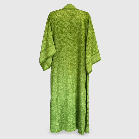 Upcycled Kimono Lang #1321 aus Vintage-Sari in Grün – Rückansicht