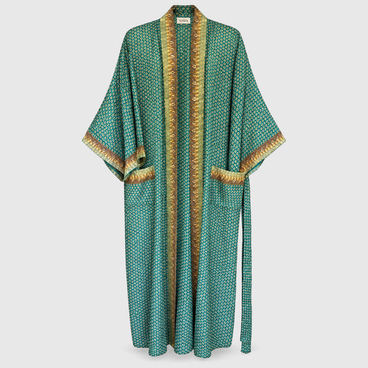 Upcycled Kimono Lang #1322 aus Vintage-Sari in Grün & Türkis – Vorderansicht