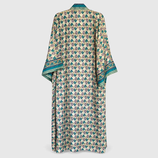 Upcycled Kimono Lang #1325 aus Vintage-Sari in Türkis & Grau – Rückansicht
