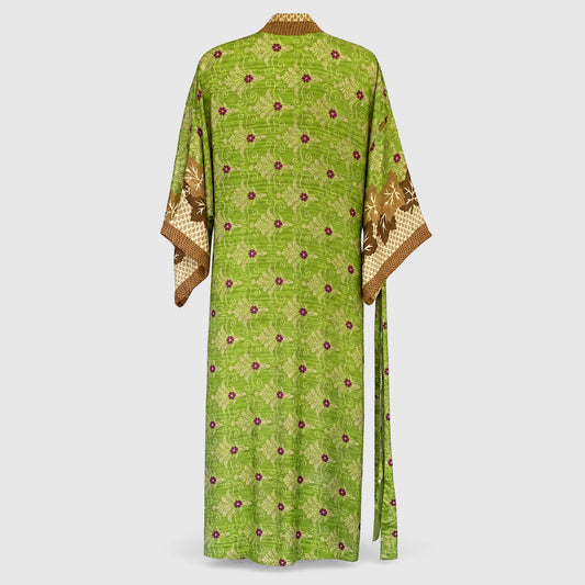 Upcycled Kimono Lang #1326 aus Vintage-Sari in Grün & Gold – Rückansicht