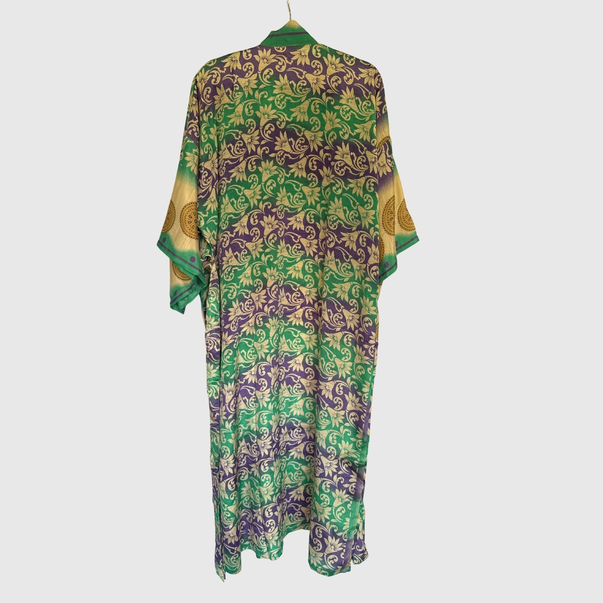 Upcycled Kimono Lang #1328 aus Vintage-Sari in Grün & Türkis – Rückansicht