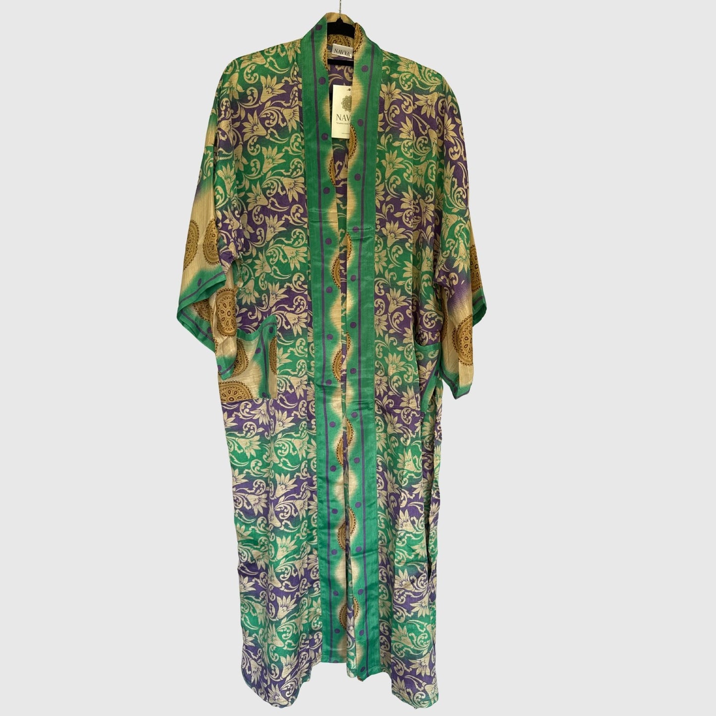 Upcycled Kimono Lang #1328 aus Vintage-Sari in Grün & Türkis – Vorderansicht